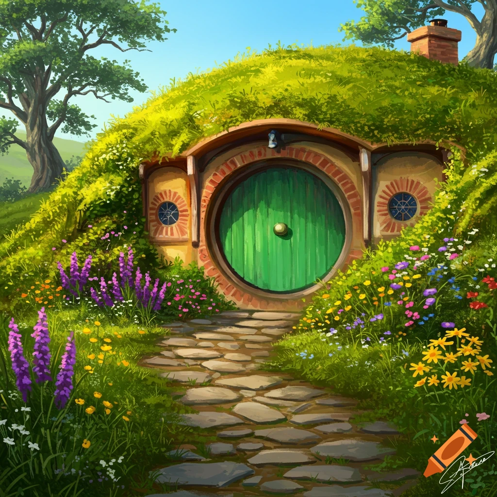 Hobbit door in flower-filled meadow on Craiyon