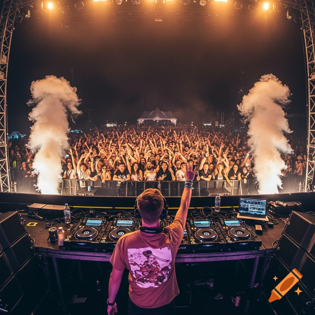 A DJ on stage looks out at a large crowd with hands raised during a music festival