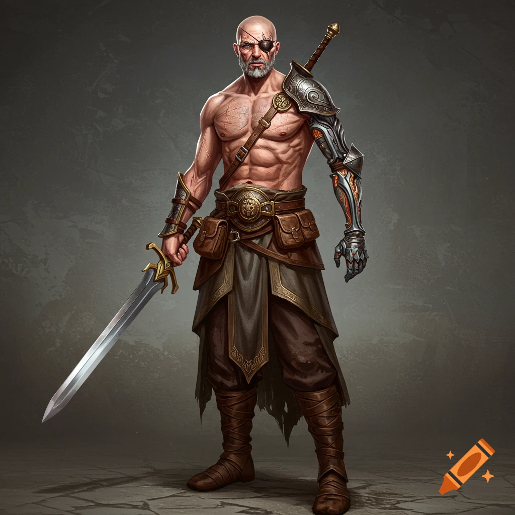 A bald, scarred warrior with an eye patch and a mechanical arm is holding a large sword.
