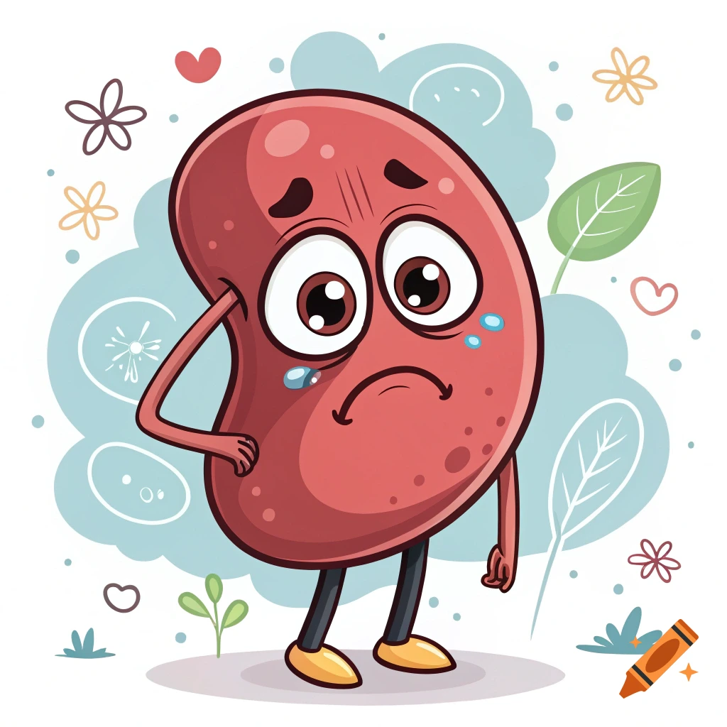 A frowning cartoon kidney character.
