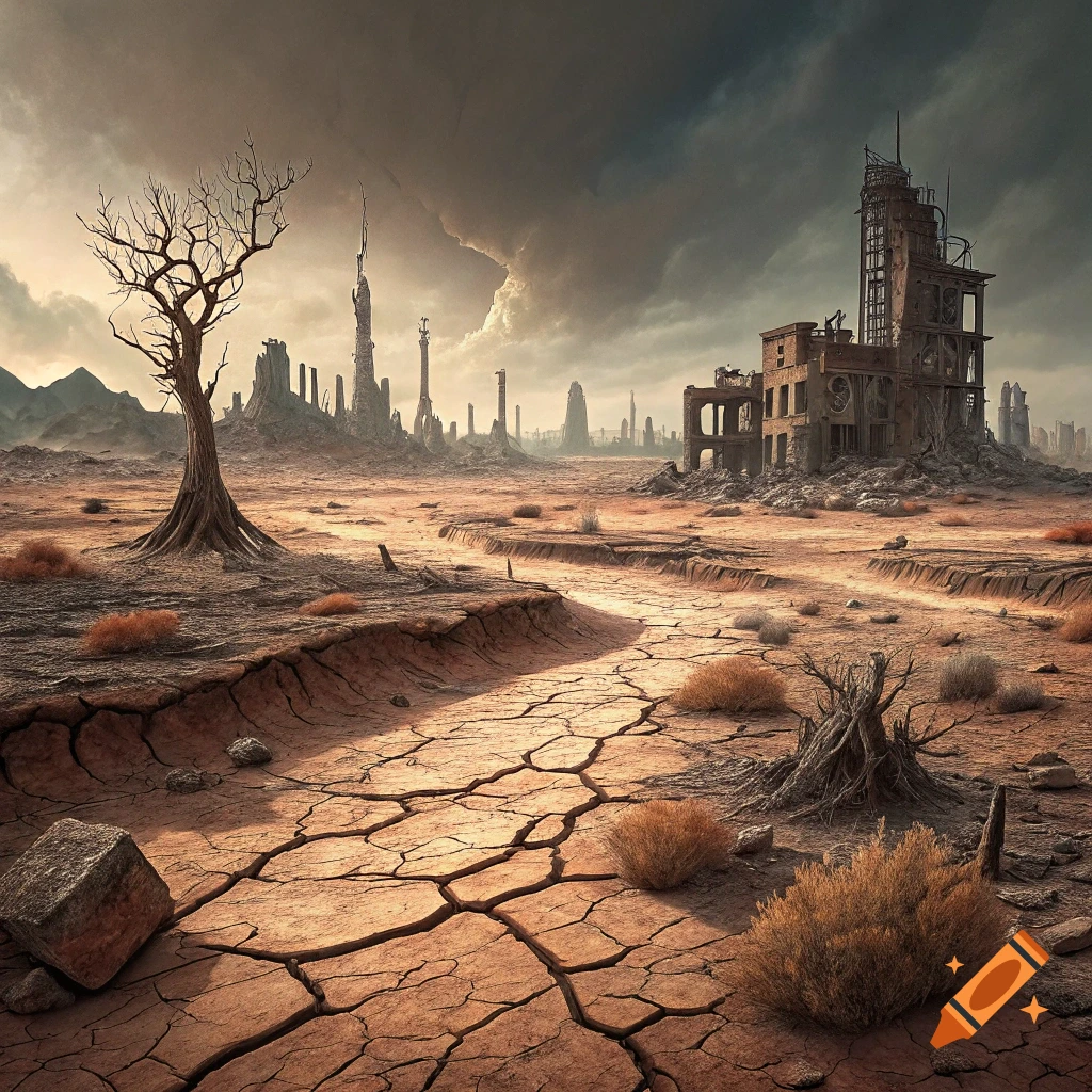A desolate post-apocalyptic landscape with cracked earth, a dead tree, and ruined buildings under a stormy sky.