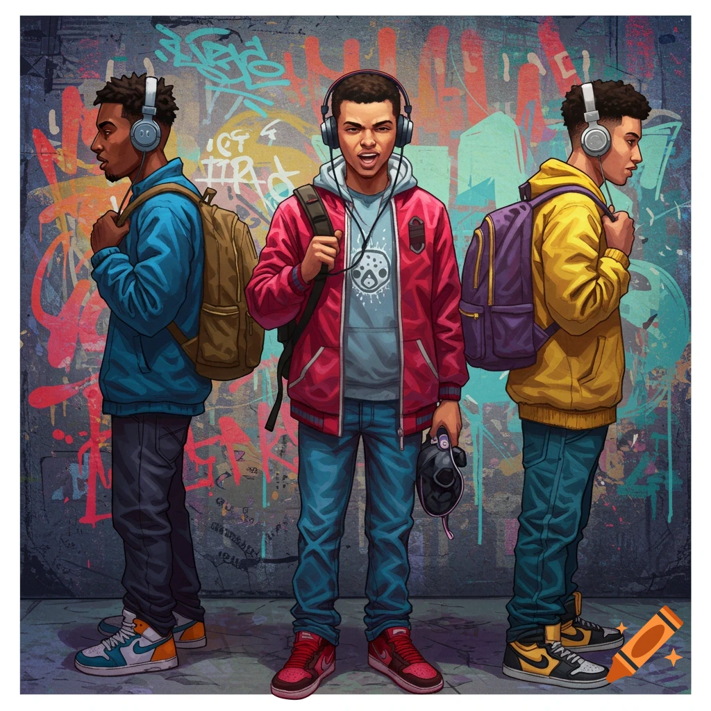 Three young men with headphones and backpacks stand before a graffiti wall.