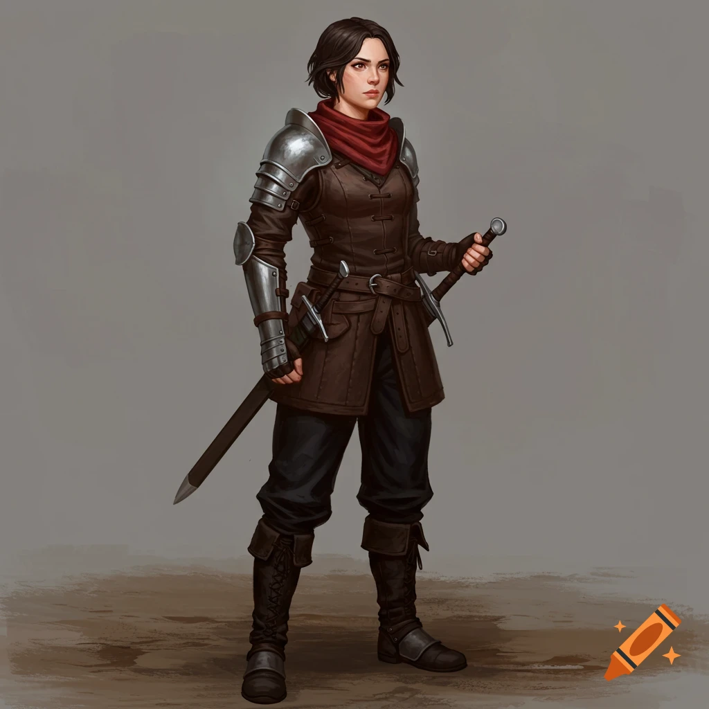 A woman in practical leather and metal armor and a red scarf, holding a sword.