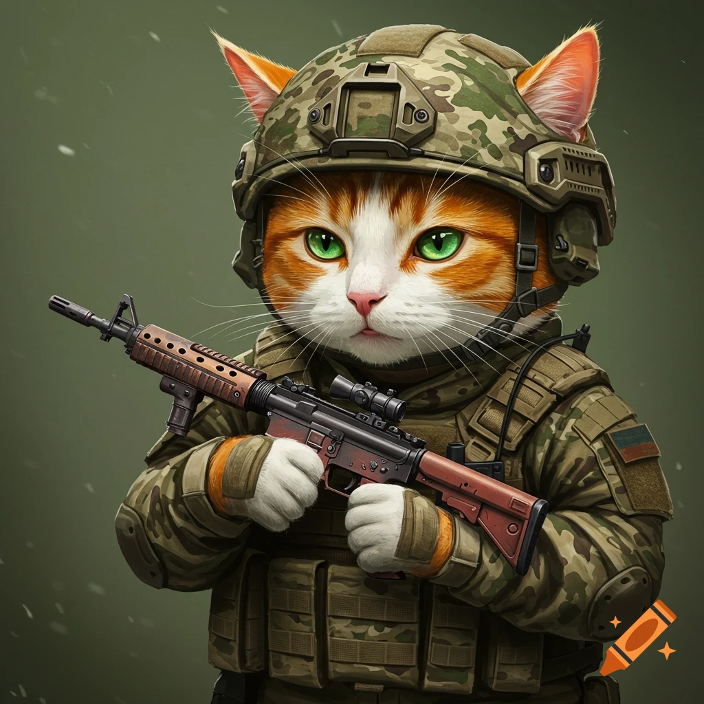 An orange and white cat soldier in military gear holding a rifle.