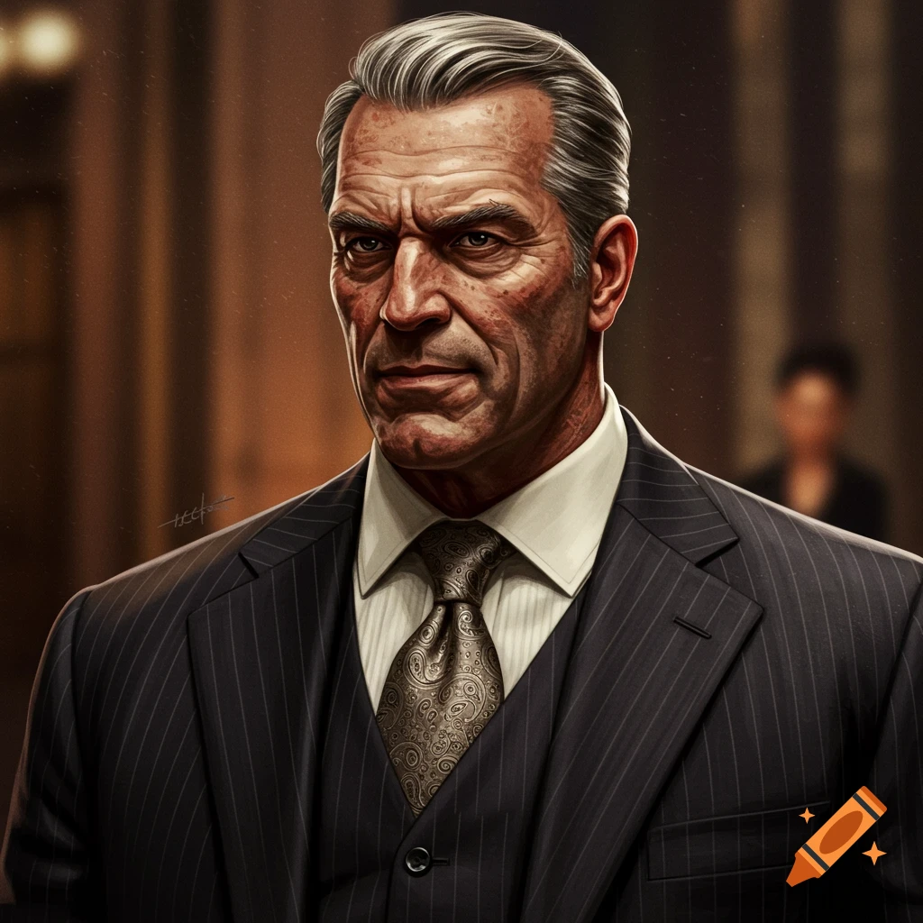 A stern-looking older man in a pinstripe suit and tie.