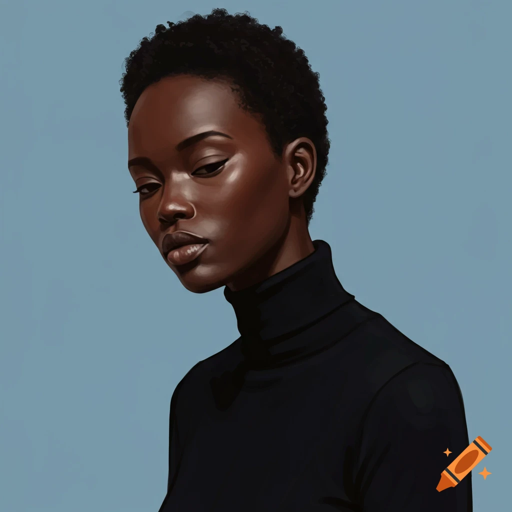 A Black woman with short hair wears a black turtleneck against a blue background.