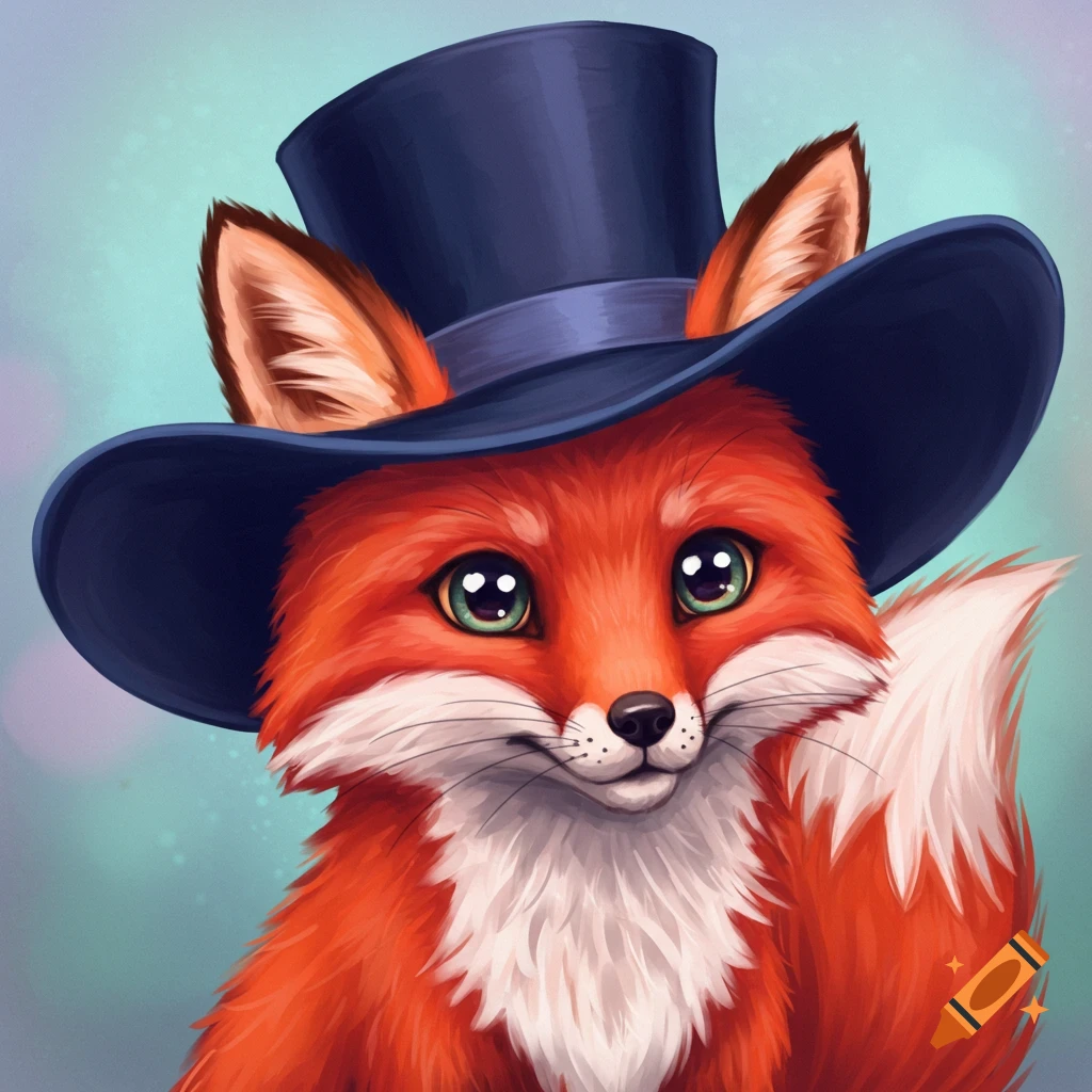 Close-up of a cute red fox wearing a dark blue top hat.
