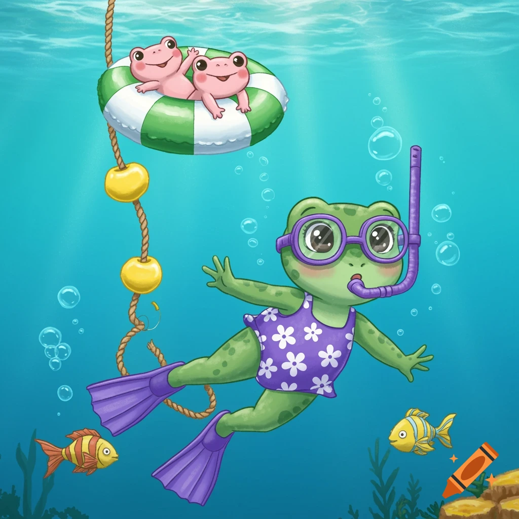 Cartoon frog swimming underwater with goggles and flippers, other frogs in swim ring.