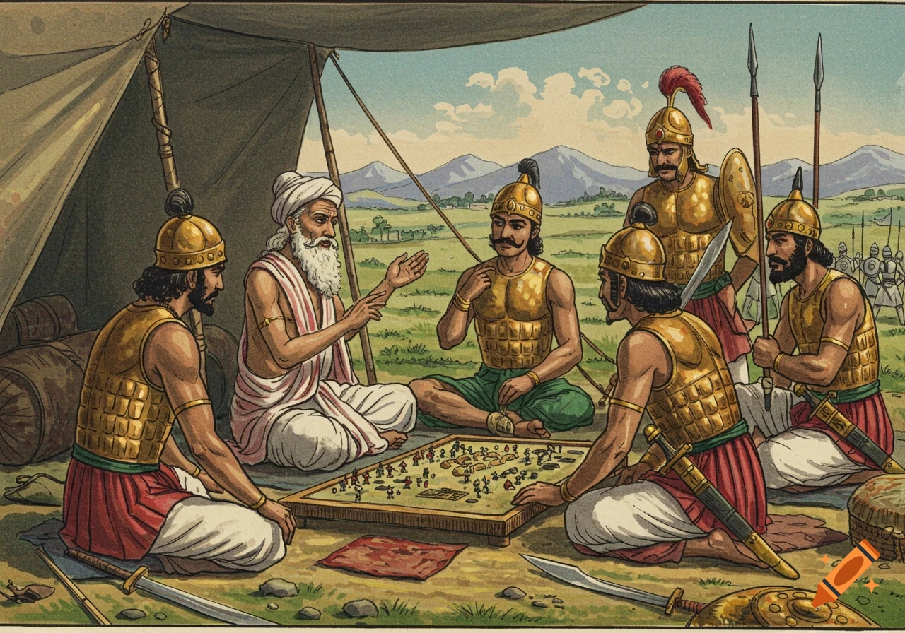 Illustration of warriors and an older man gathered around a strategy map inside a tent, with an army in the background.