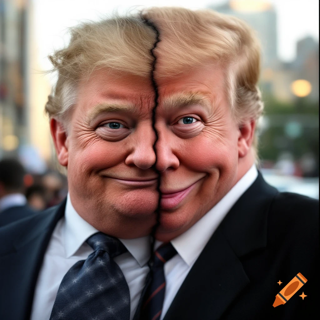 A melded portrait of two faces split vertically down the middle, resembling Donald Trump.
