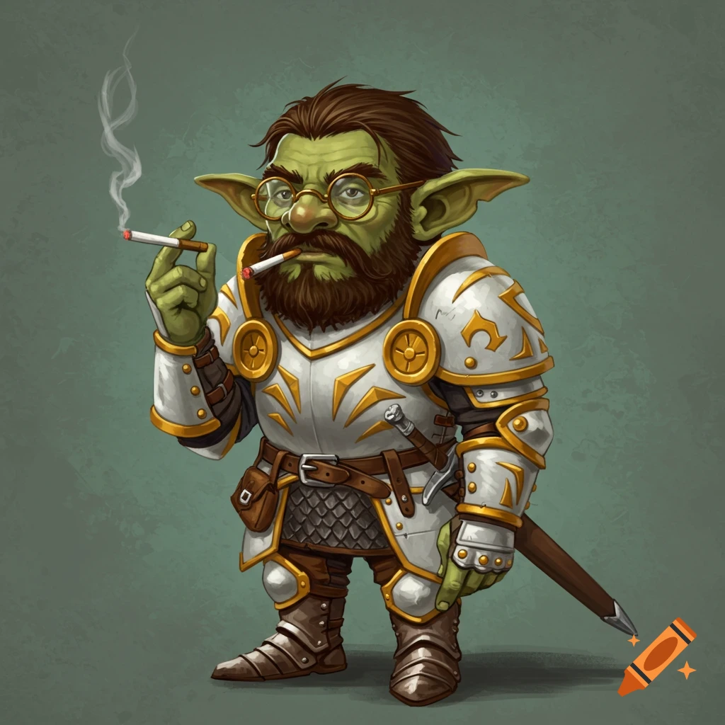 A short green goblin in white and gold armor, smoking a cigarette, wearing glasses.