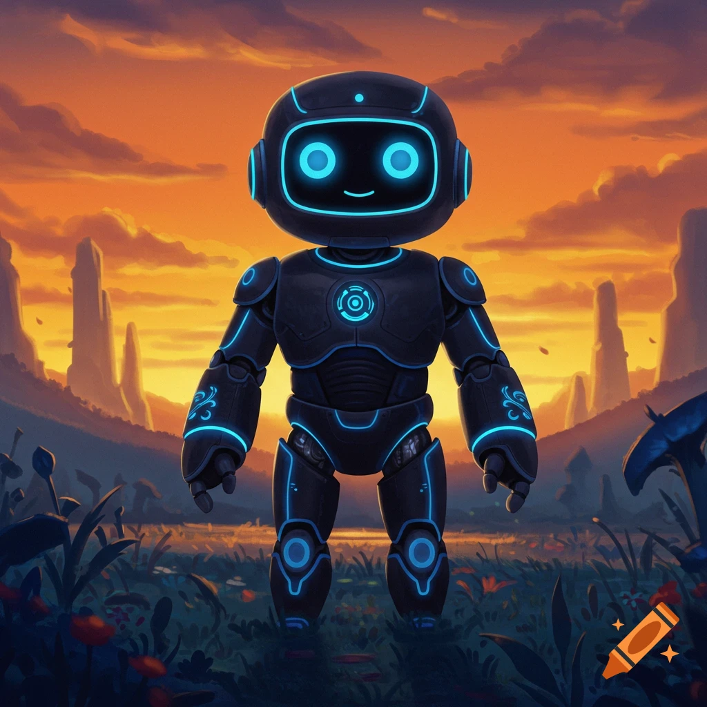 A futuristic robot mascot in a vibrant landscape at sunset.