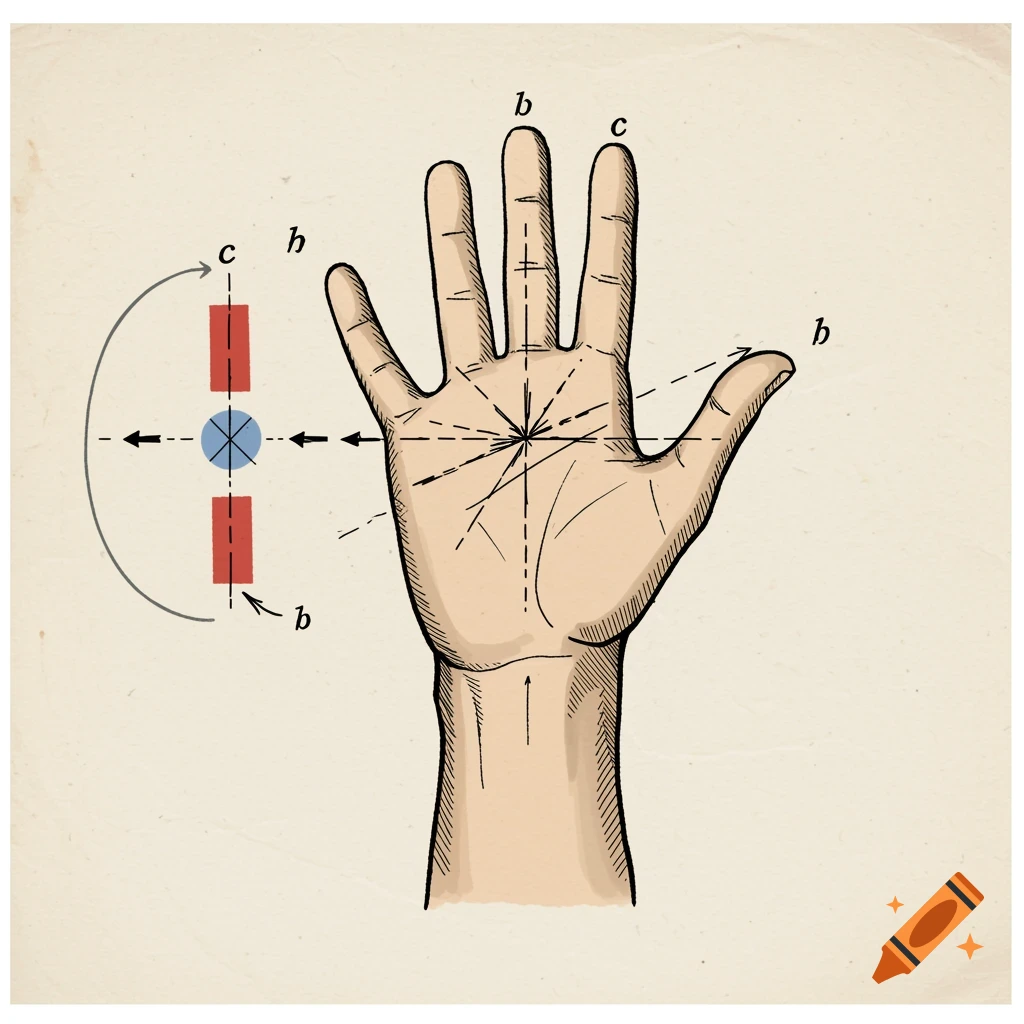Illustration of a right hand with lines indicating the right hand rule for electromagnetism, alongside a diagram of a magnetic field around a current-carrying wire.