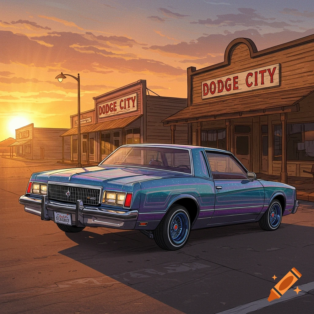 A blue lowrider car parked in front of buildings in Dodge City at sunset.