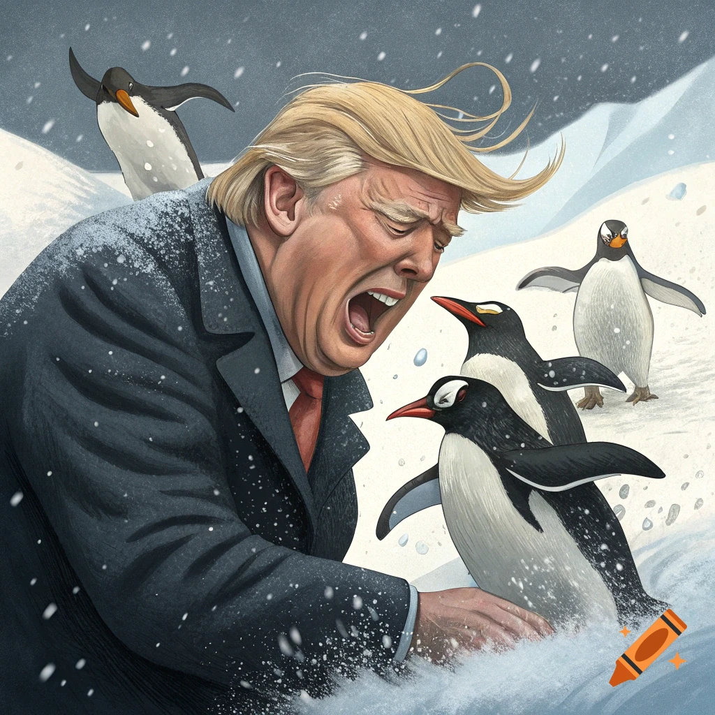 Cartoon caricature of Donald Trump crying in the snow with penguins.