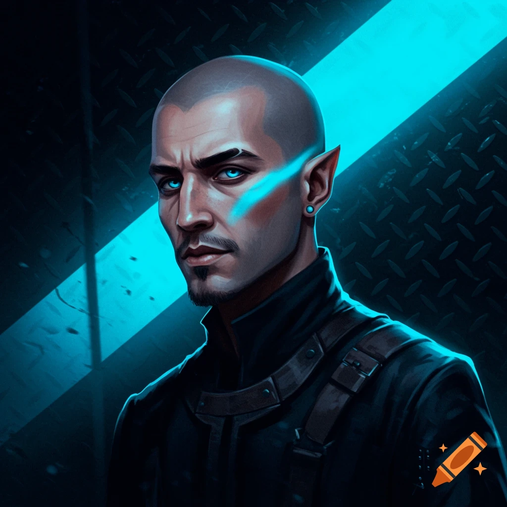 A character with a bald head, blue eyes, and pointed ears is in a dark environment with blue light.