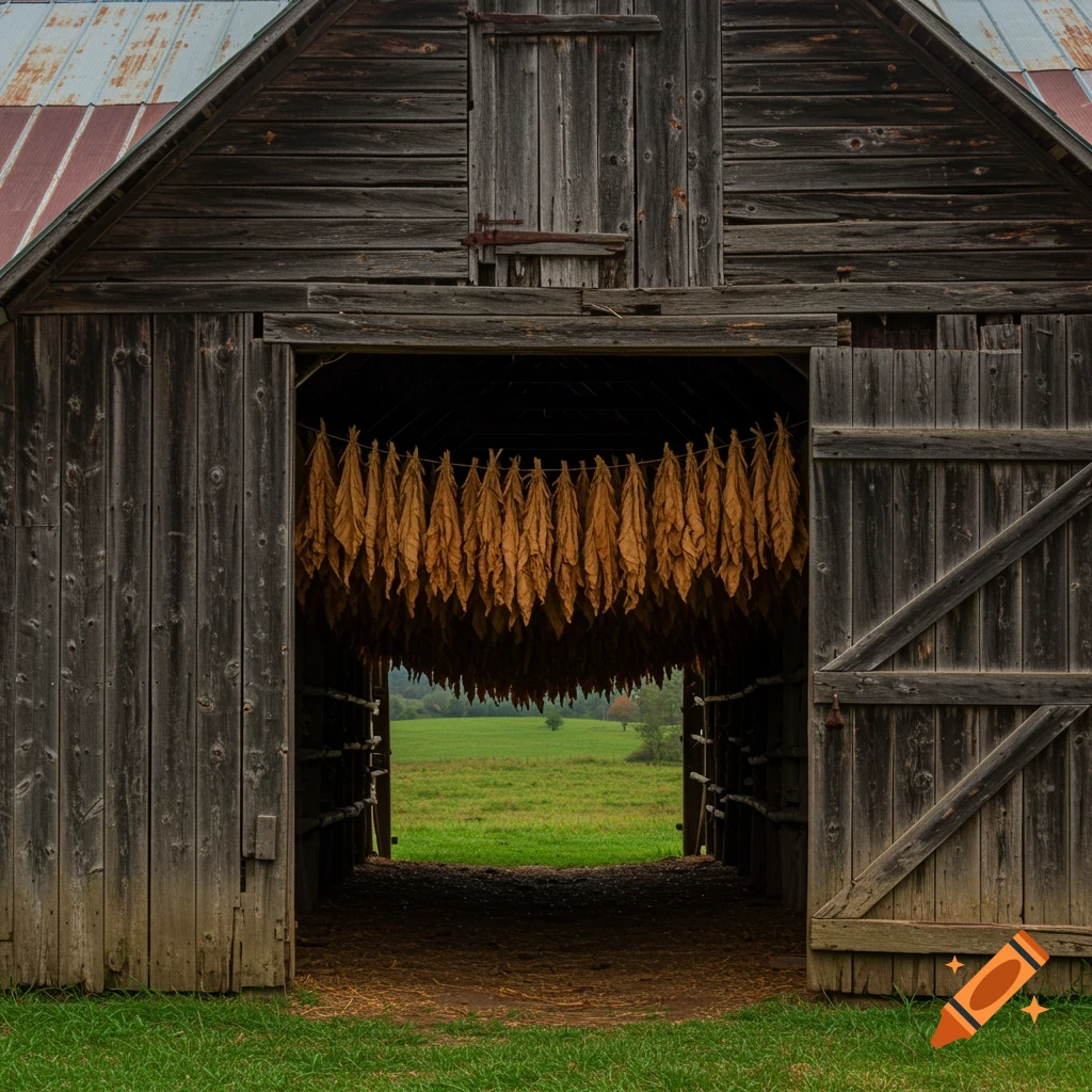 Old wooden barn doors open to reveal cured tobacco leaves hanging inside. Green field visible beyond.