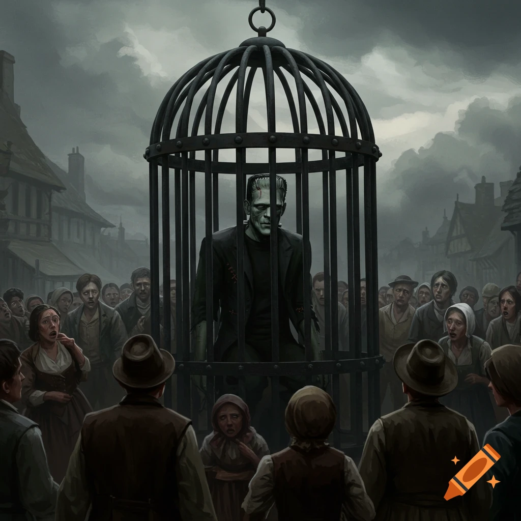 Frankenstein's monster in a cage surrounded by a scared crowd in a gloomy town square.