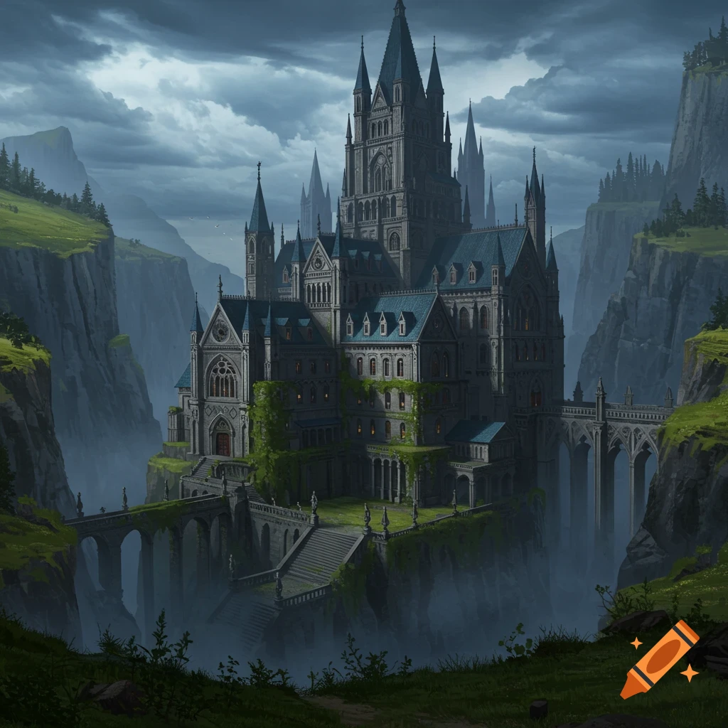 A large gothic castle perched on a cliff overlooking a valley.