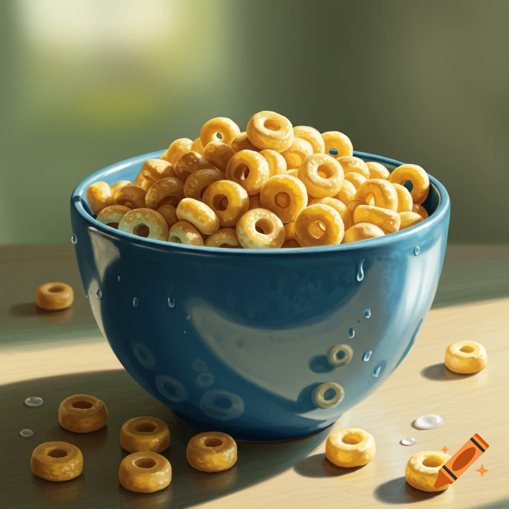 A blue bowl filled with O-shaped cereal, with some pieces spilled around it.