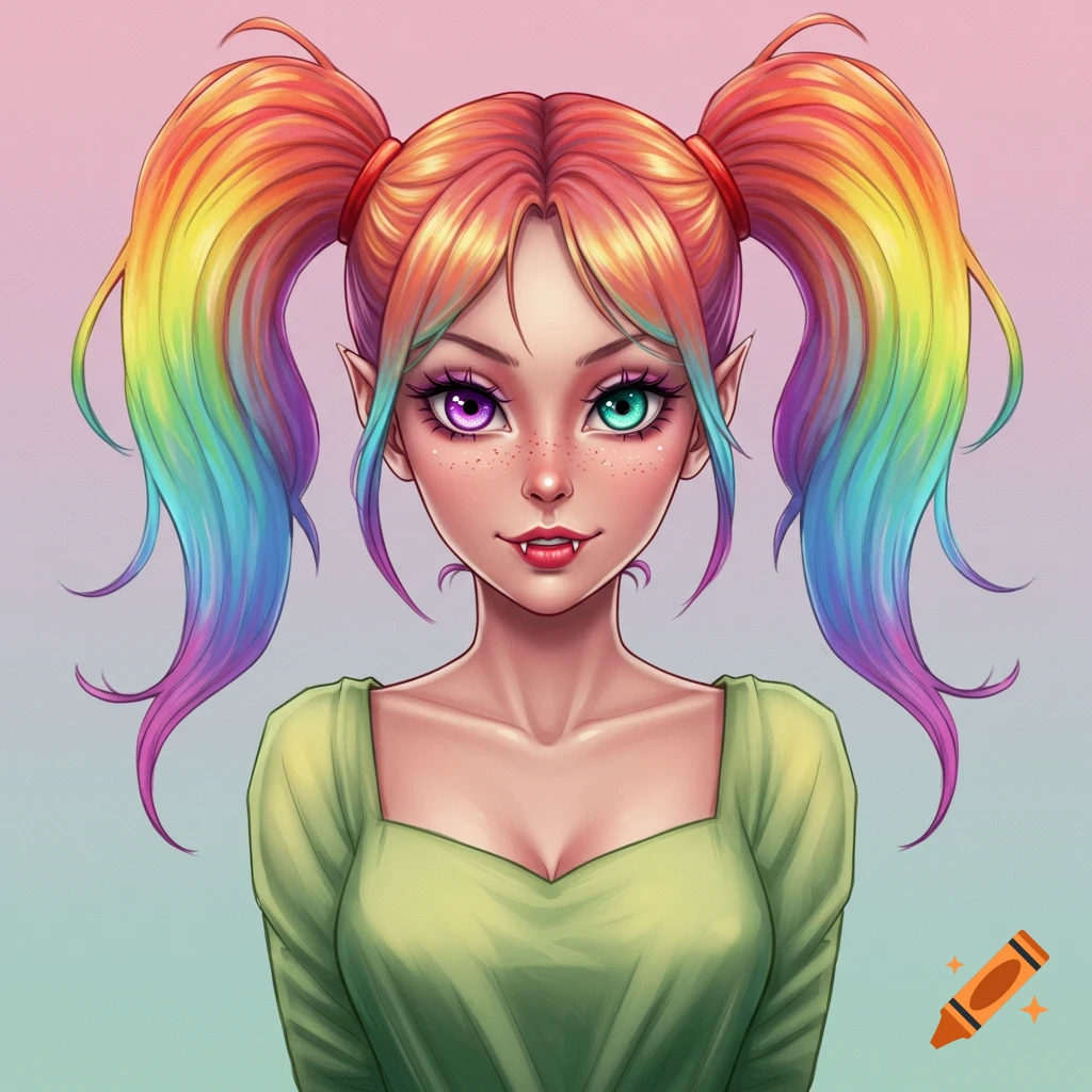 Anime portrait of a woman with rainbow pigtails, heterochromia (purple and green eyes), freckles, and slight fangs, wearing a green dress.