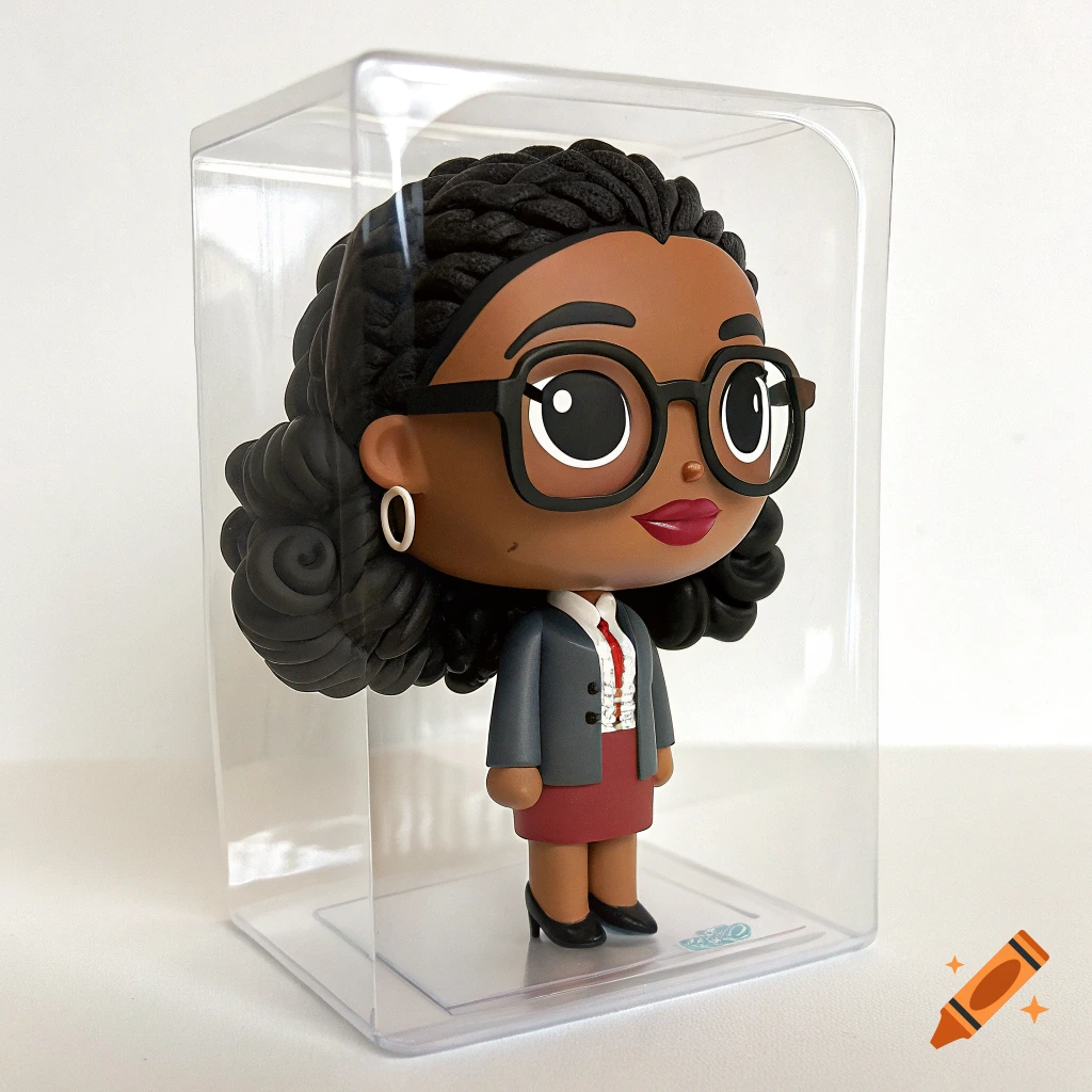 Cartoon-style figurine of a woman in glasses and a suit in a clear case