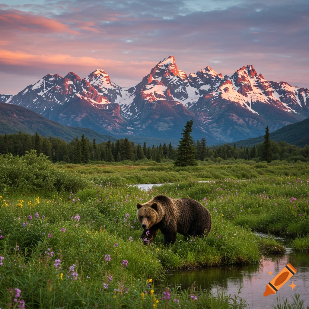 A brown bear walks through a field of wildflowers with mountains in the background at sunset.
