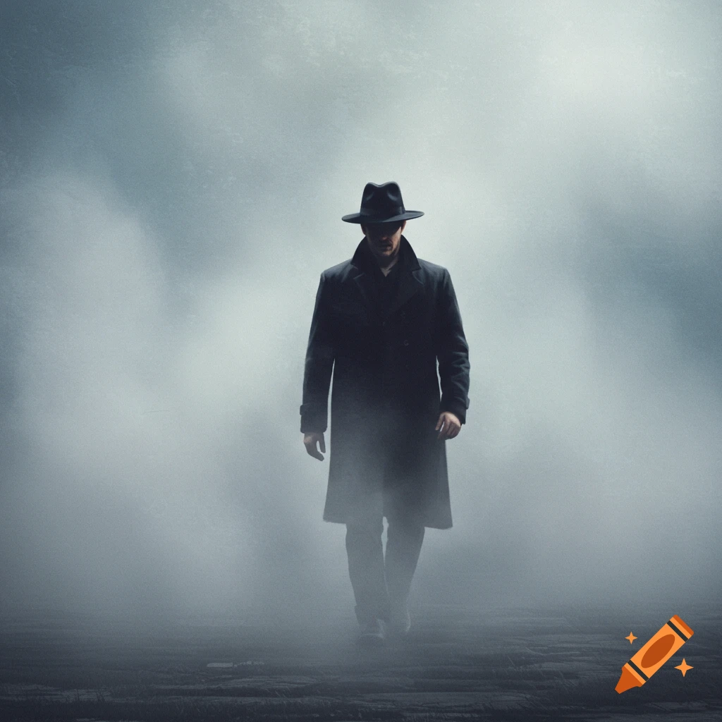 A man in a trench coat and fedora walks through heavy fog.
