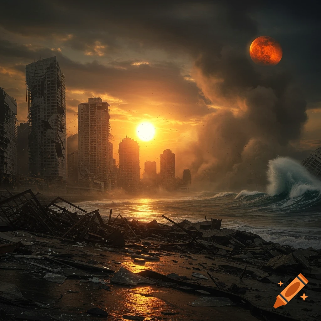 Apocalyptic scene of a ruined city at sunset with debris on the shore, crashing waves, and a red moon.