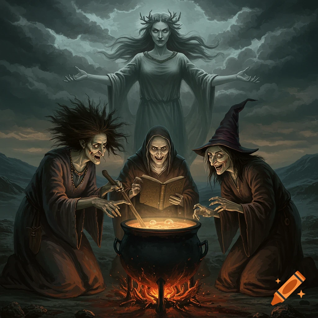 Three grotesque witches around a bubbling cauldron with a ghostly figure looming behind them under a stormy sky.
