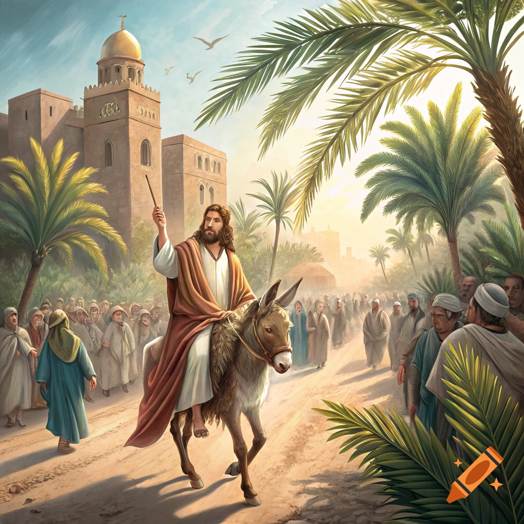 Painting of Jesus riding a donkey into a city with followers on Palm Sunday