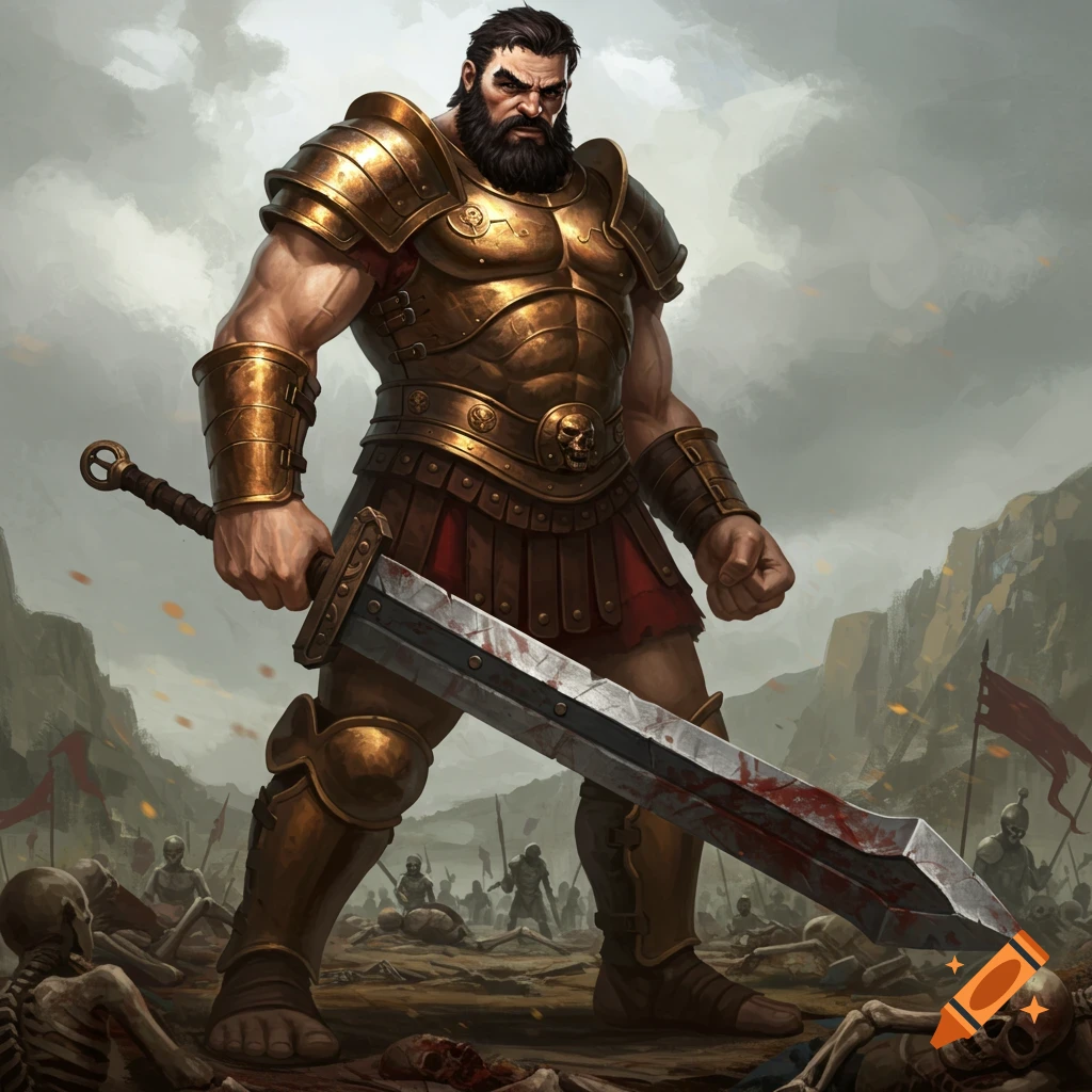 A large warrior in gold armor stands holding a bloody sword on a battlefield filled with dead soldiers and skeletons.
