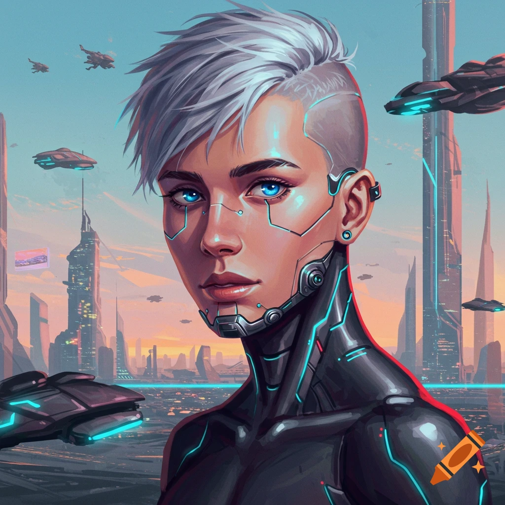 Close-up of a person with cybernetic implants and blue eyes against a futuristic city skyline.