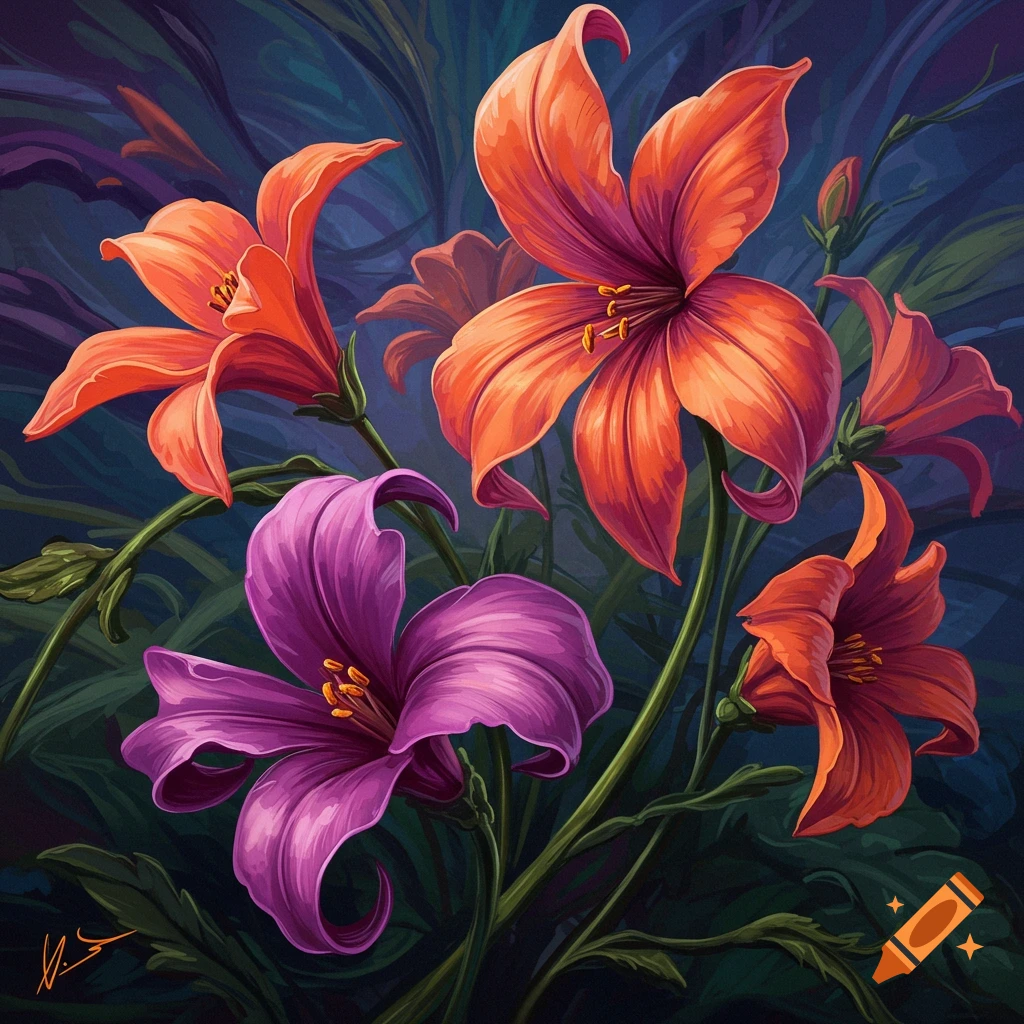 Twisted orange and purple lily-like flowers