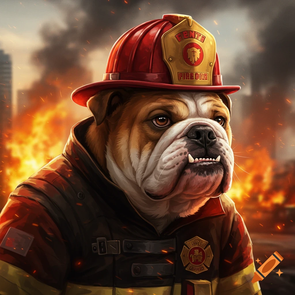 A bulldog in a firefighter uniform in front of a fire.