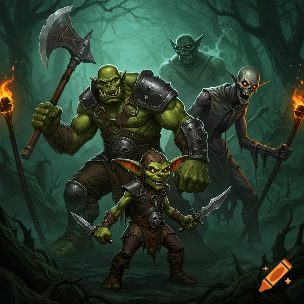An orc, goblin, and undead creature standing in a dark forest