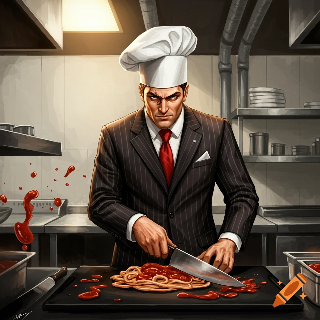 A stern gangster chef is cutting spaghetti with sauce in a kitchen.