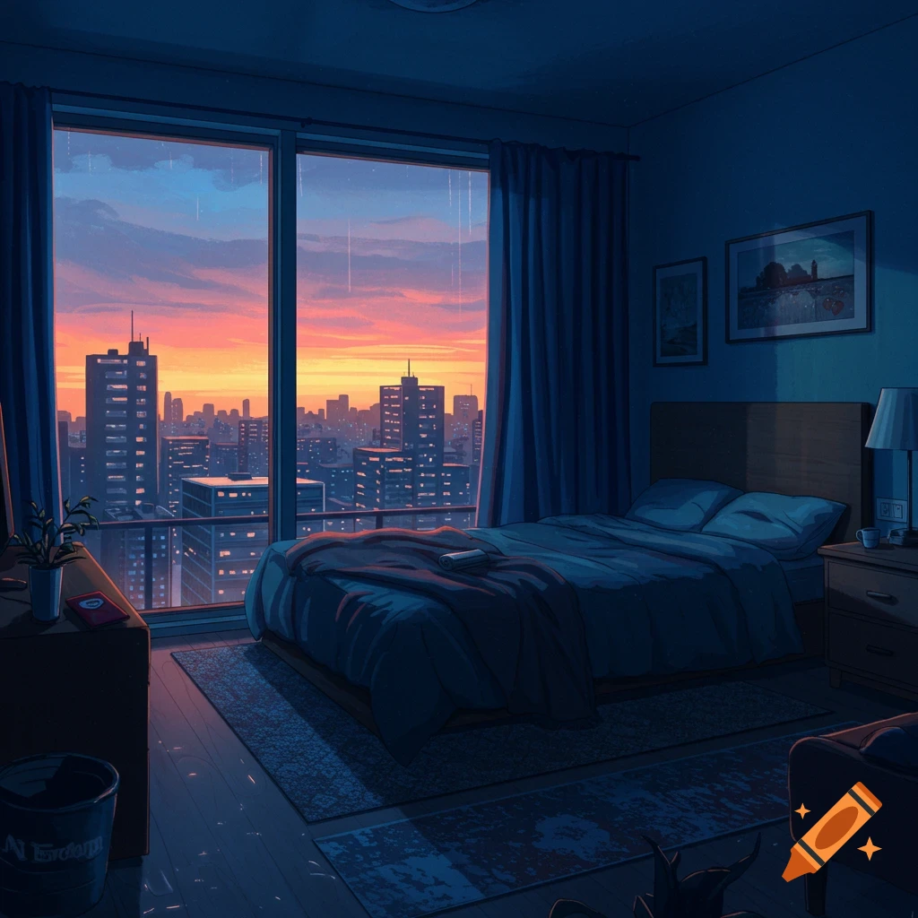 An anime-style image of a bedroom with a large window overlooking a city skyline at sunset.