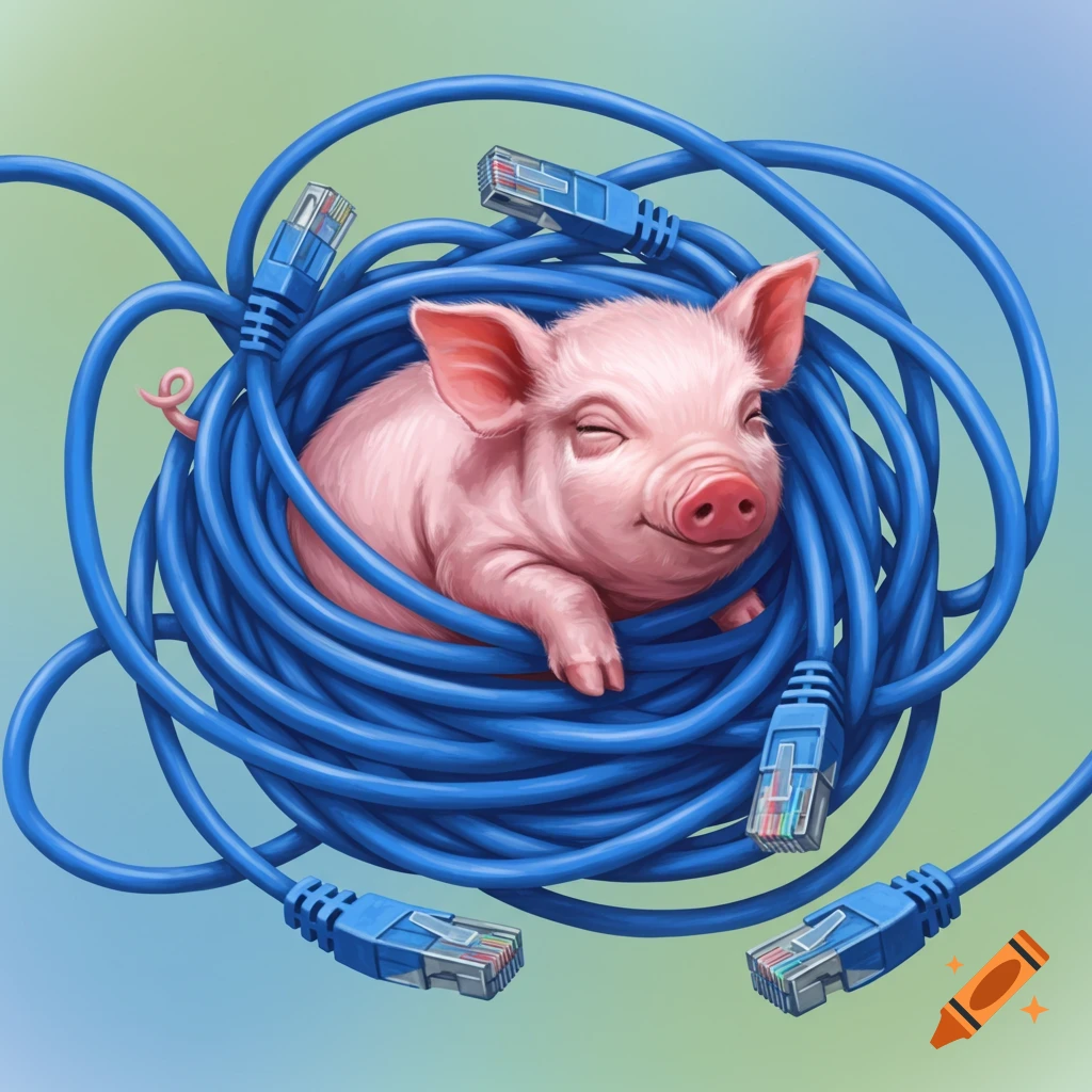 A smiling pig wrapped in blue Ethernet cable.