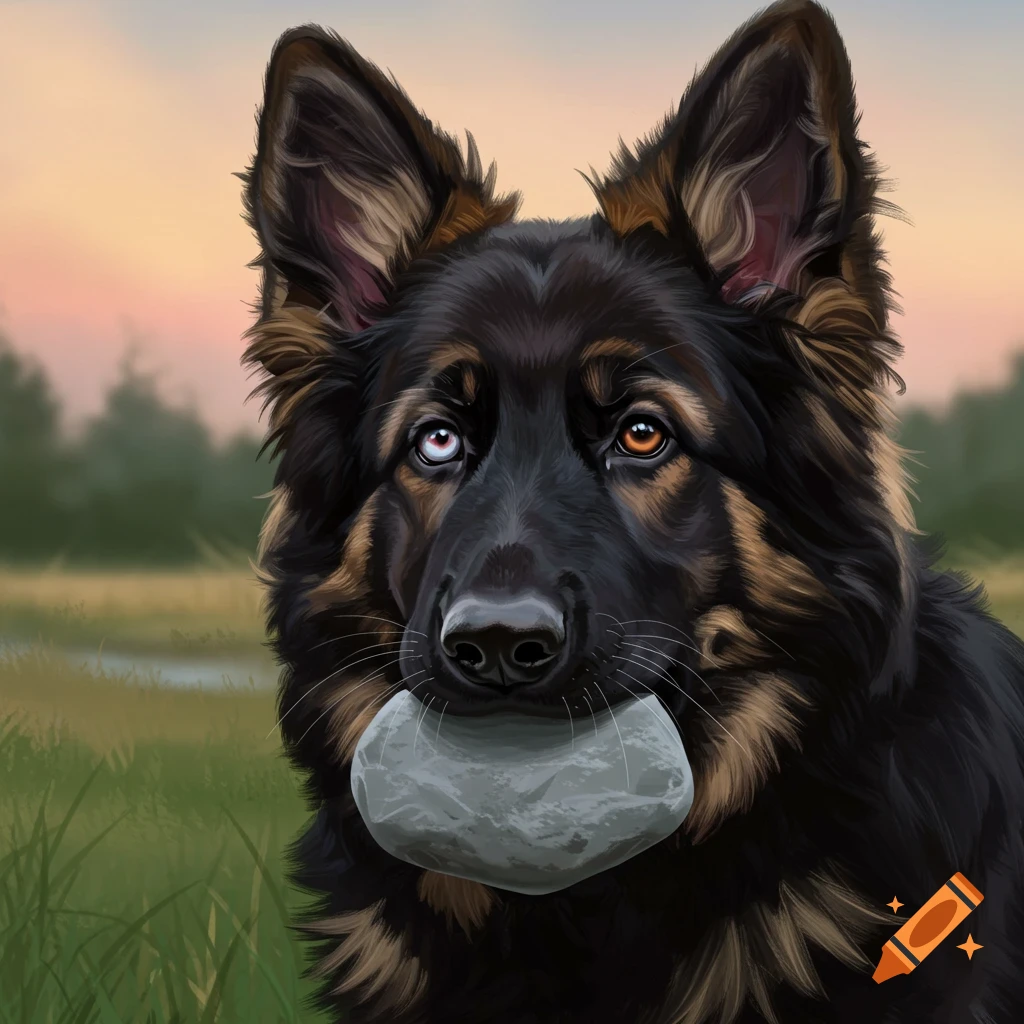 A German shepherd dog with heterochromia holds a rock in its mouth at sunset.