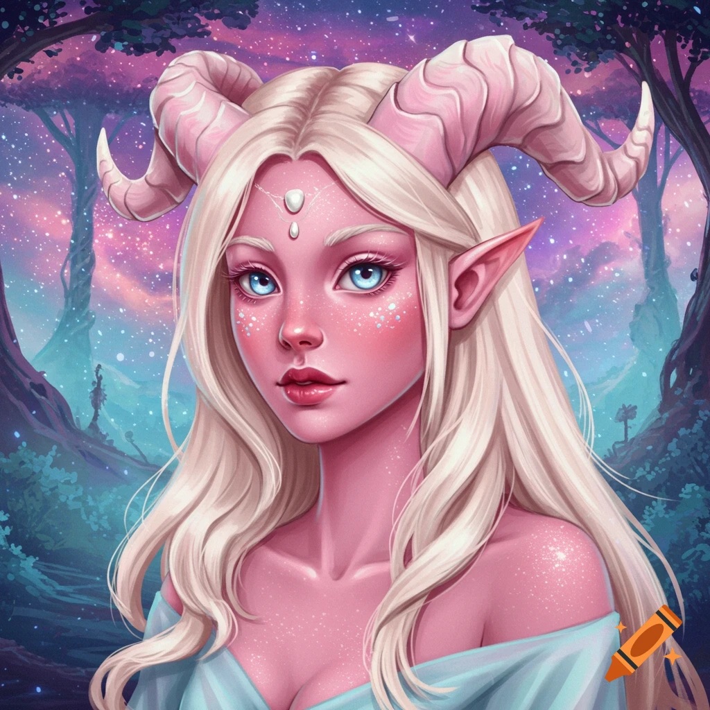 A fantasy woman with horns, pink skin, blonde hair, and elf ears is in a mystical forest under a starry sky.