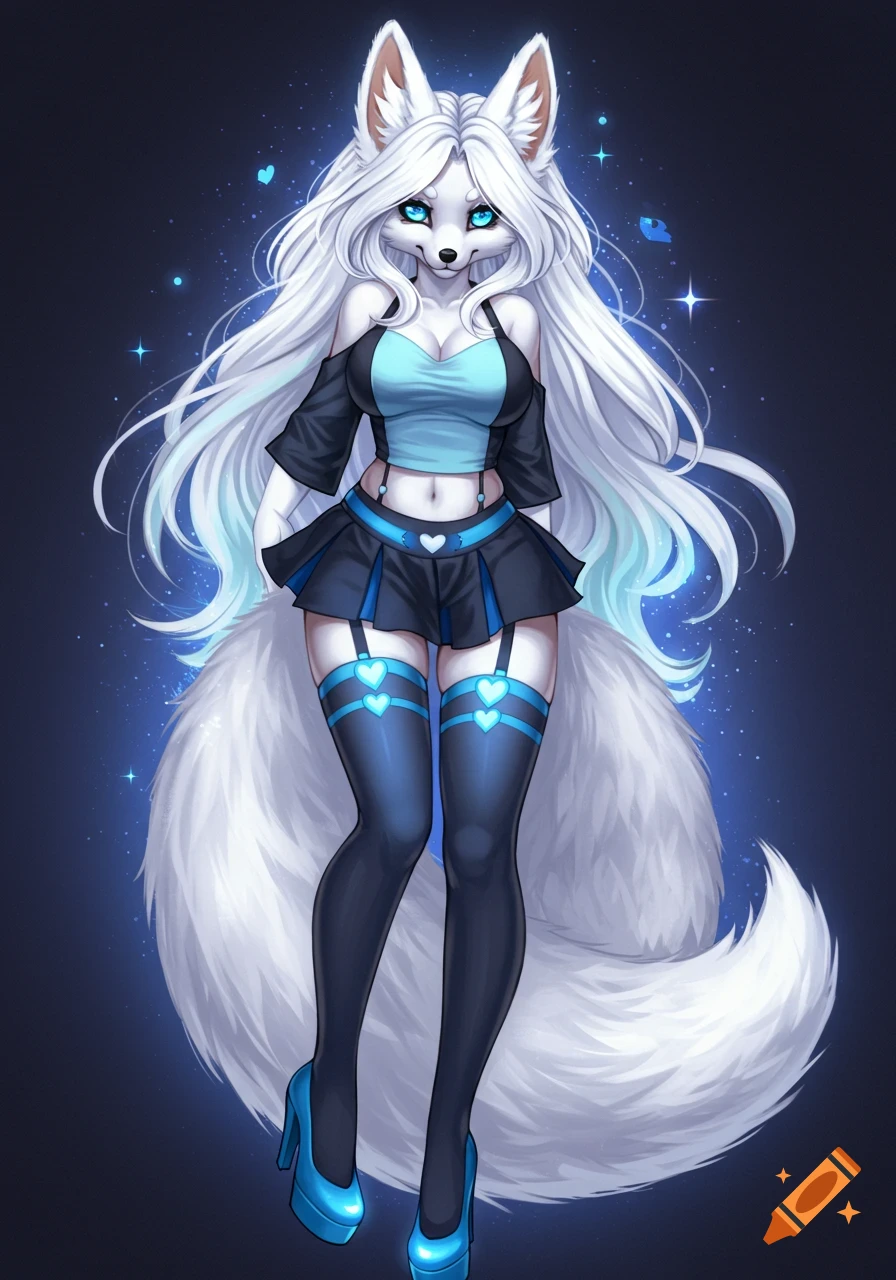Anthropomorphic white fox woman with blue eyes, long white hair, wearing a black and blue crop top, skirt, thigh highs, and blue high heels, against a dark background with stars.
