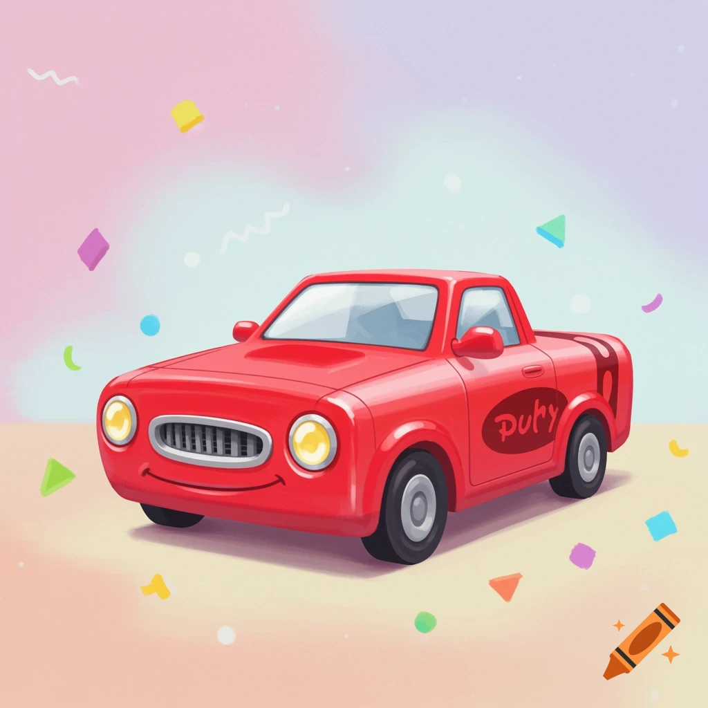 Cartoon red toy car with a smiling face grille on a pastel background with shapes.