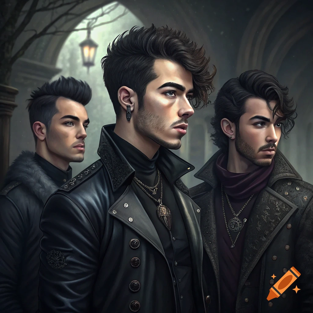 Three men in dark gothic/Victorian style clothing stand in an archway.