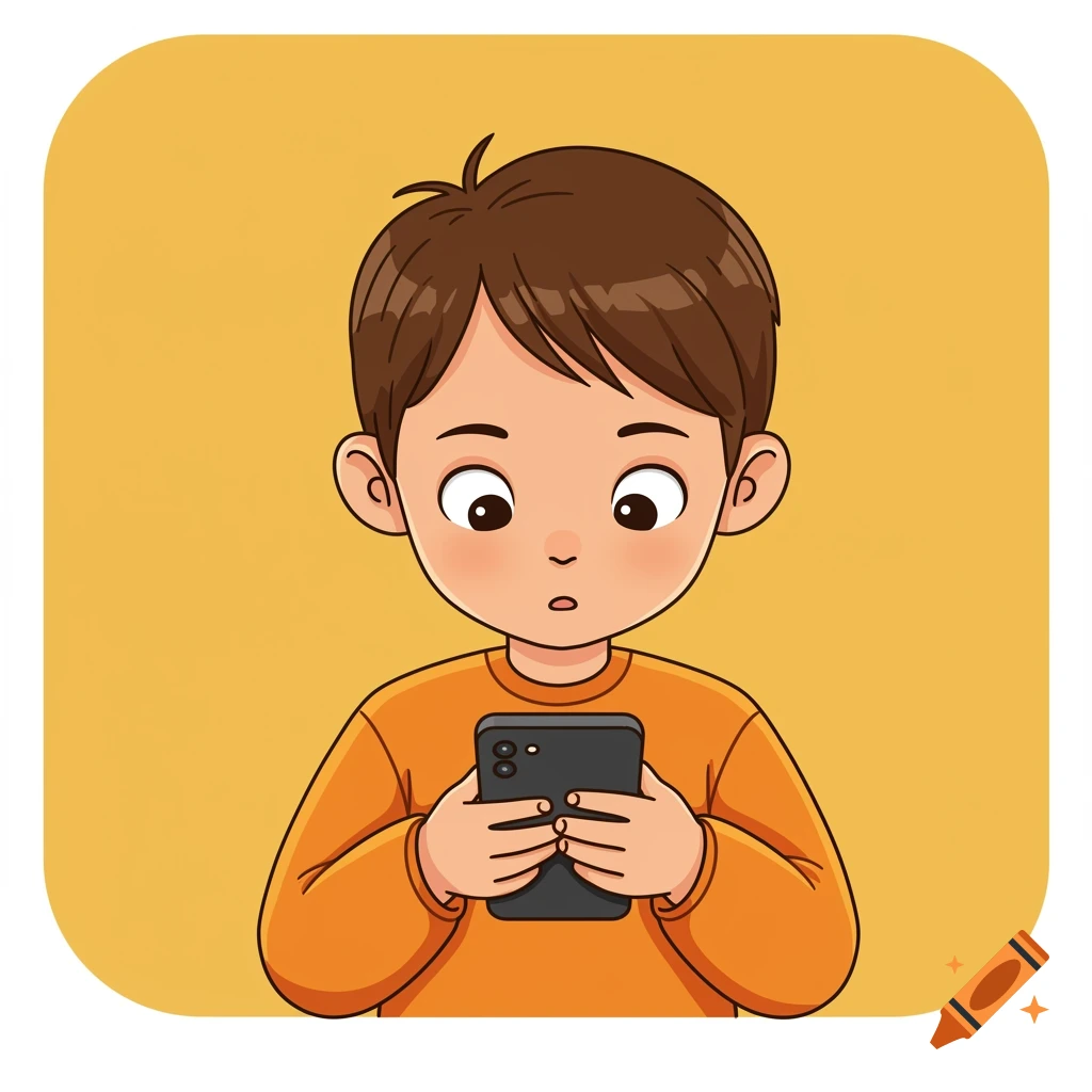 Cartoon boy looking intently at a smartphone in a vector style on a yellow background.