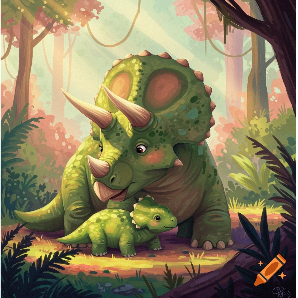 A mother and baby Triceratops in a lush jungle.