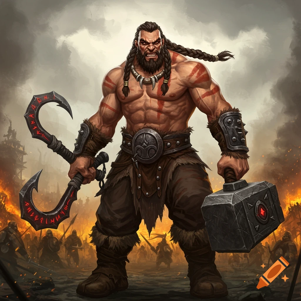 A barbarian warrior holding a hook weapon and a warhammer in a battle scene.