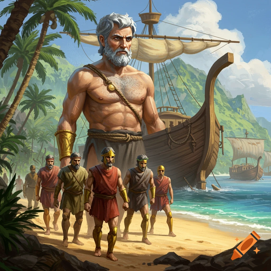 Giant man and crew on a tropical beach with ships.