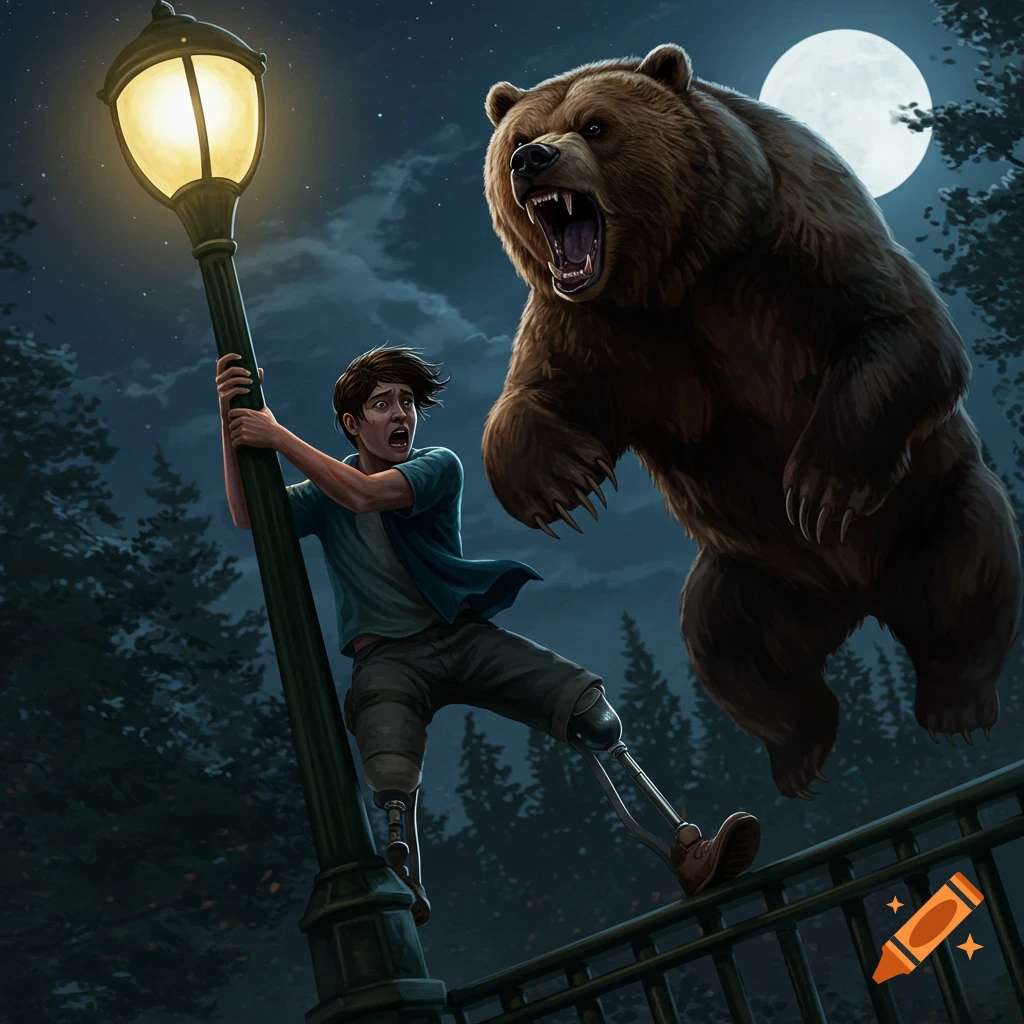 A man with prosthetic legs climbs a lamp post in fear as a bear jumps at him at night.