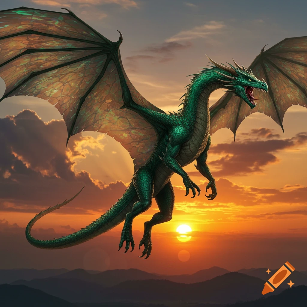 A green dragon flies through the sky at sunset over mountains.